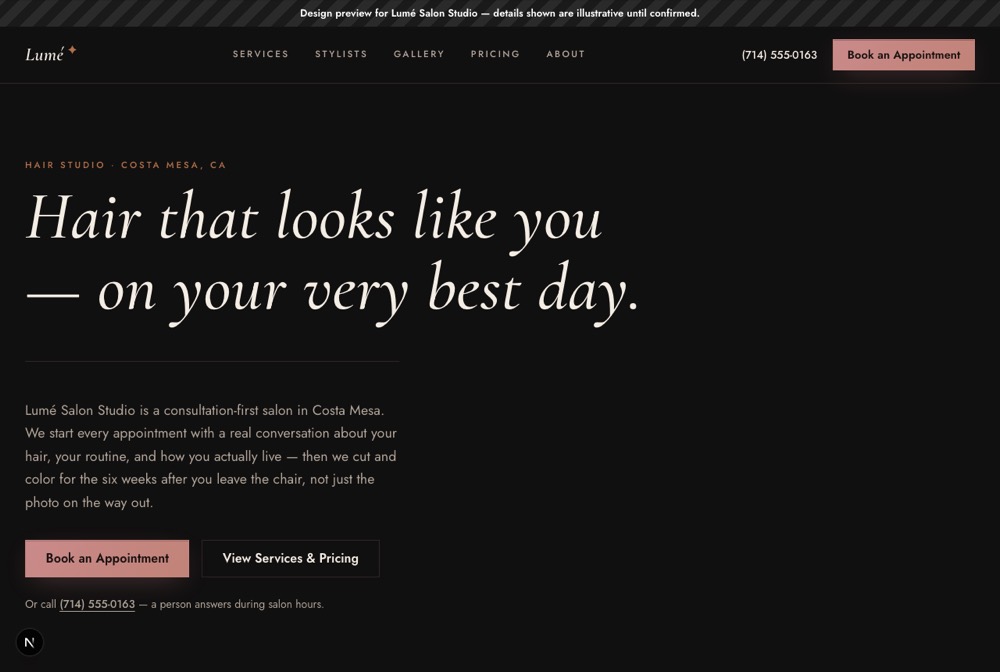 Lumé Salon Studio — website by Will's Dev Agency
